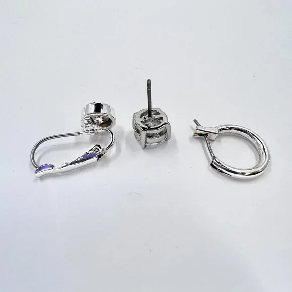 3 Pairs Shiny Silver Tone Post, Hinged Hoop, and Leaver Back Earrings - Picture 5 of 5